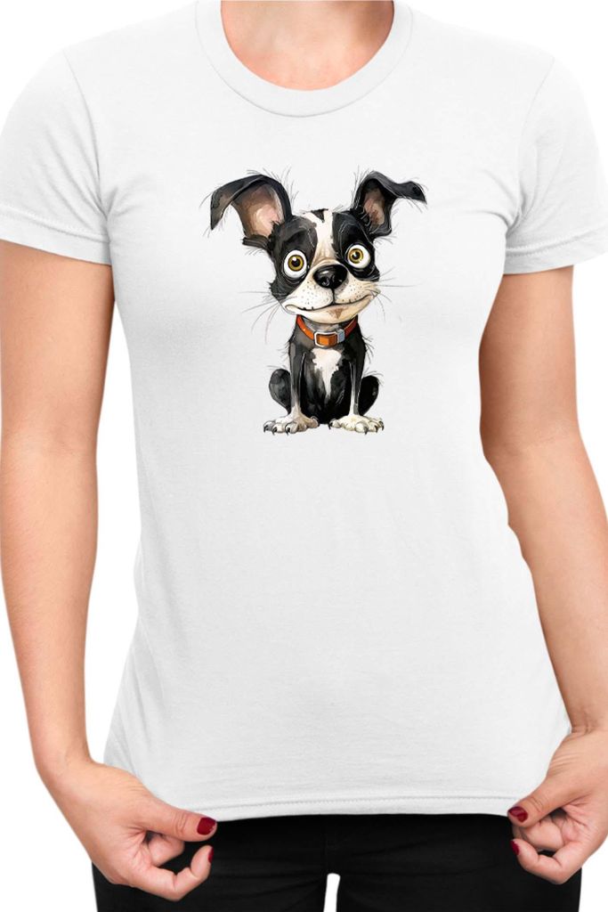 Damen T-Shirt Funny Dogs Breeds Boston Terrier Dog Breed 010, Lady XL / Weiß