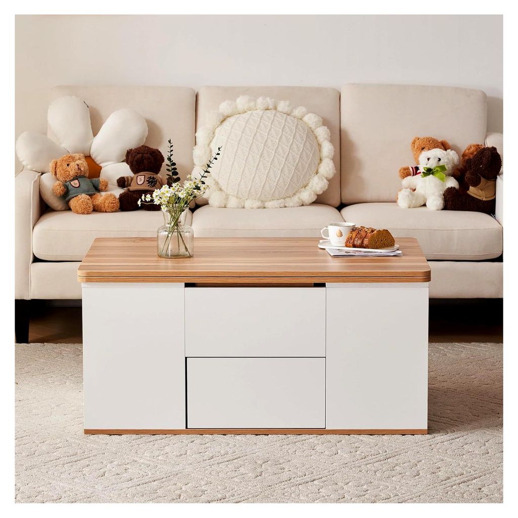 Höhenverstellbarer Multifunktions-Couchtisch (100 * 51 * 47 cm) - Tischplatte lässt sich in 2 Tische verwandeln, Weiß + Holzfarbe, große Kapazi...