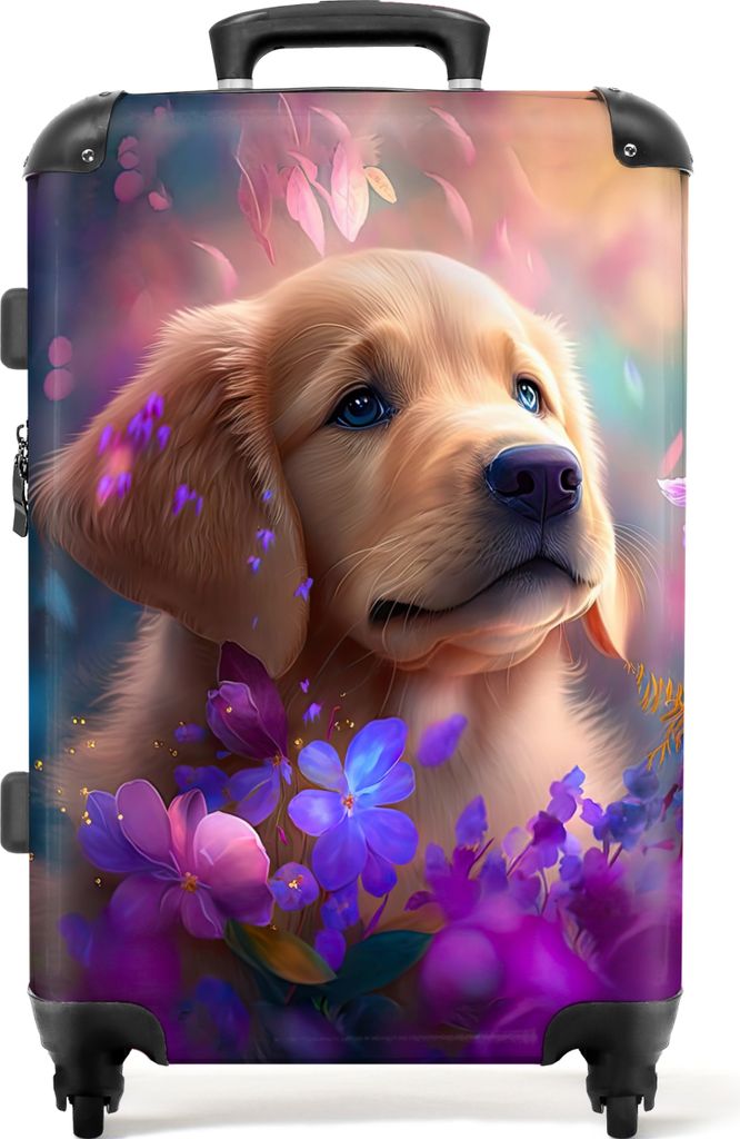 NoBoringSuitcases.com Großer Koffer - Hund - Welpe - Sonne - Blumen - Golden Retriever - Kombinationsschloss TSA - Hartschalen Trolley 4 Rollen ...