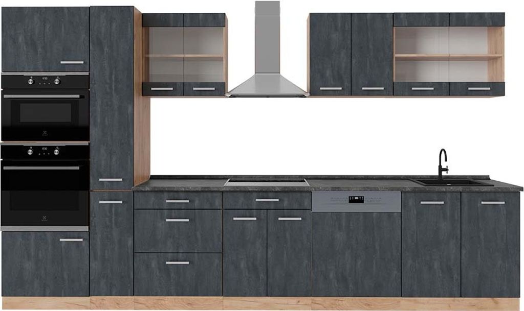 Küchenzeile Vicco R-Line Schwarz Beton/Goldkraft Eiche 350 cm , AP Anthrazit, Model 49342
