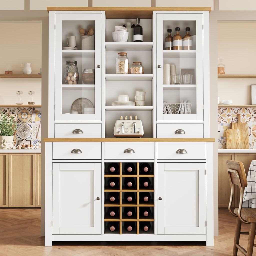 Mehrzweck-Hochschrank für Zuhause mit Kippschutz, Standschrank für Küche und Wohnzimmer mit Glastür, Metallgriffen und Soft-Close-Funktion, her...