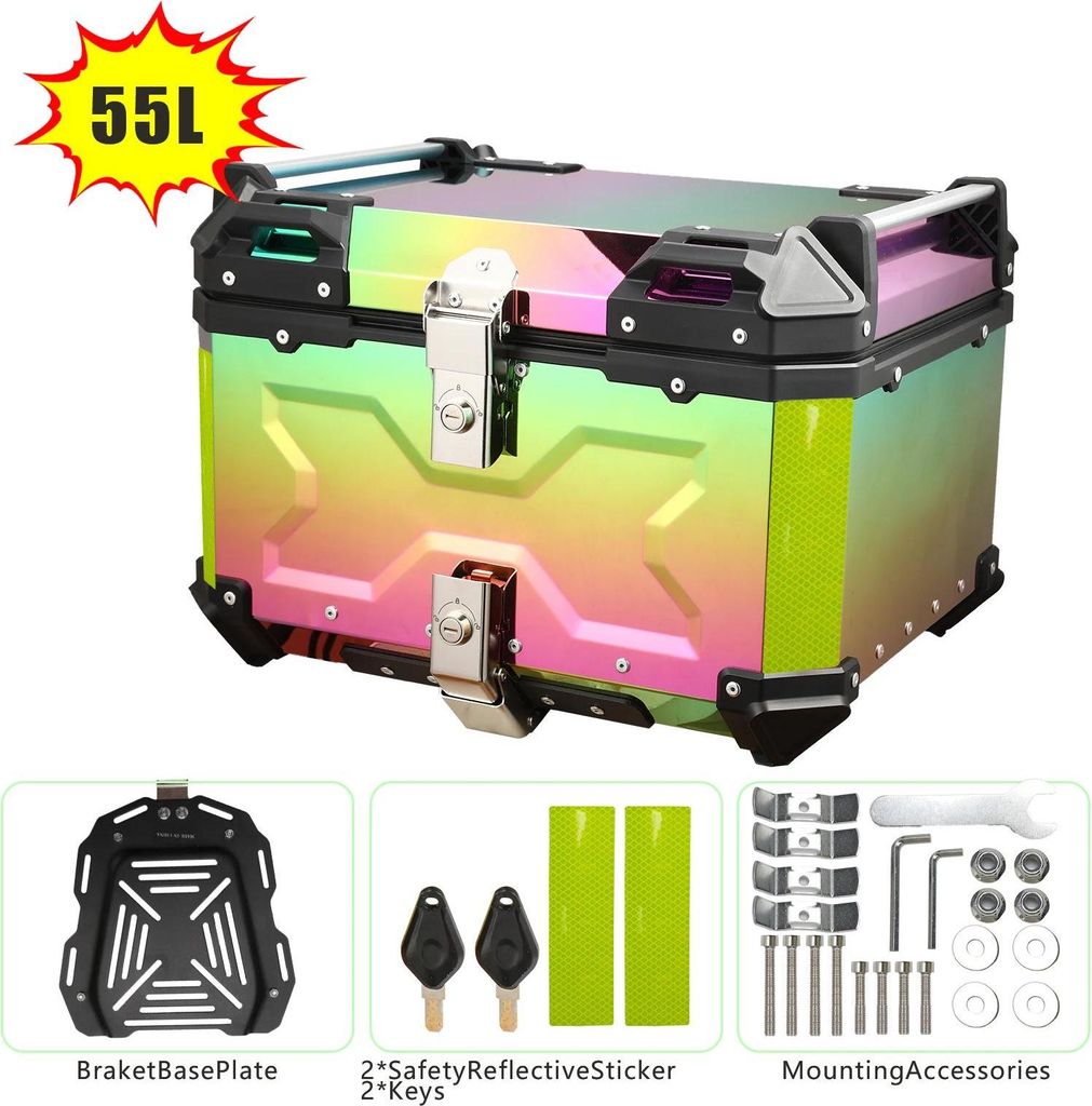Motorrad Topcase - 55 L Edelstahl Heckkoffer - Wasserdicht Stoßfest - Universell Mit Montageplatte und PolyurethanInnenfutter