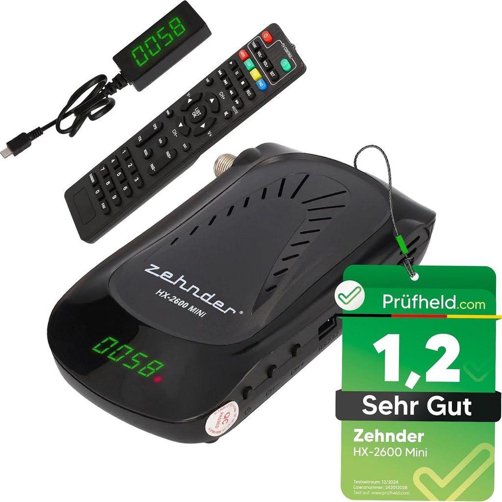 A digital satellite receiver, remote control, and USB power adapter are displayed on a white background.
