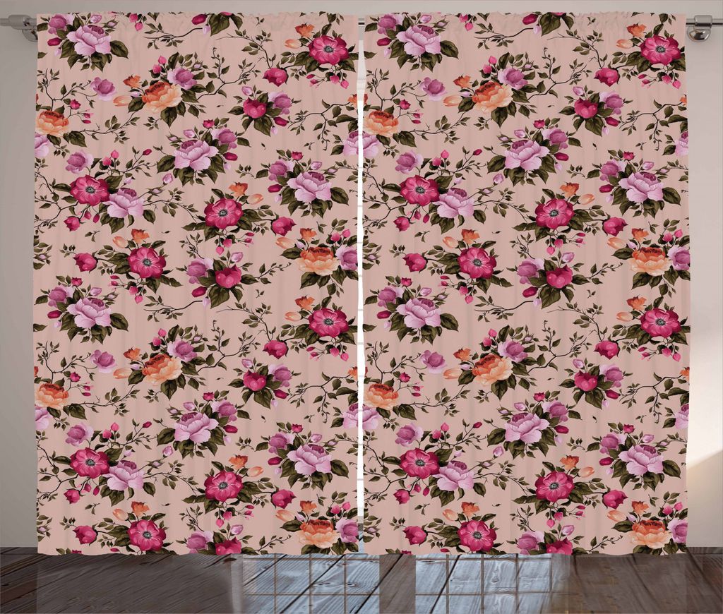 ABAKUHAUS Blume Rustikaler Gardine, Blumenmuster mit Rose, Schlafzimmer Kräuselband Vorhang mit Schlaufen und Haken, 280 x 245 cm, Tan Rosa Dunkel...