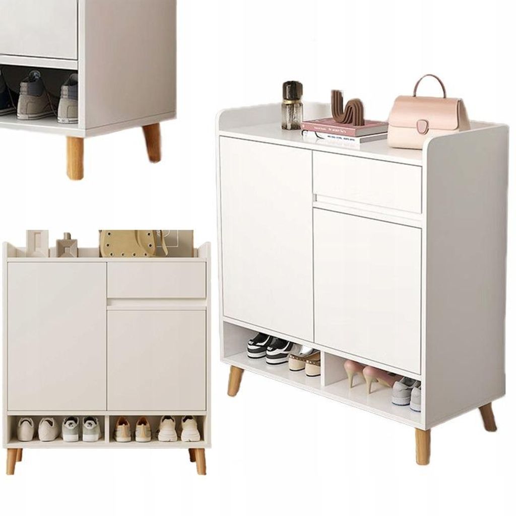 Collage of white furniture items, likely shoe cabinets, with decorative items and shoes.
