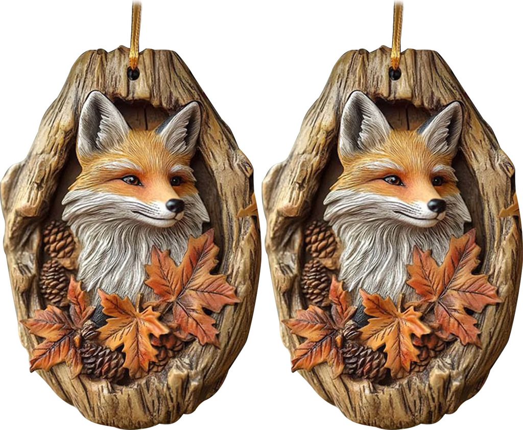 Fuchs-Weihnachtsornament, 2D-Acryl, Waldtier, Hängedekoration, Fuchs im Baumloch, Weihnachtsornament für Weihnachtsbaum, Geschenk für Tierliebhaber