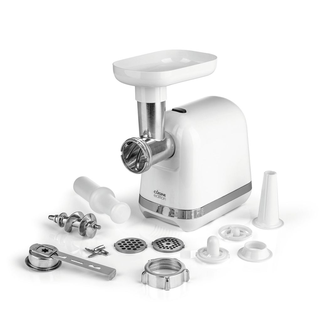 A white meat grinder with various attachments, displayed on a white background.