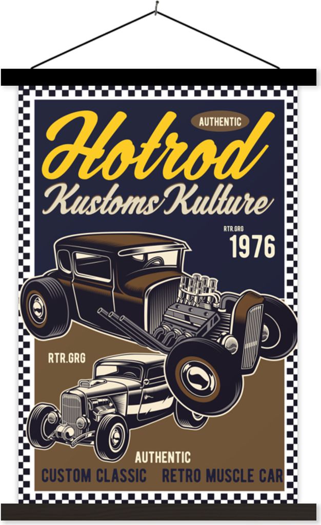 MuchoWow Textilposter Mancave - Auto - Vintage - Gelb 60x90 cm mit schwarzem Rahmen - Poster Wohnzimmer