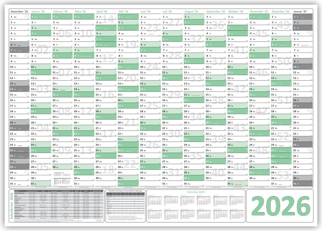 Green Wandkalender Wandplaner 2026 gefaltet DIN A2 Format (420 x 594 mm) mit 14 Monaten
