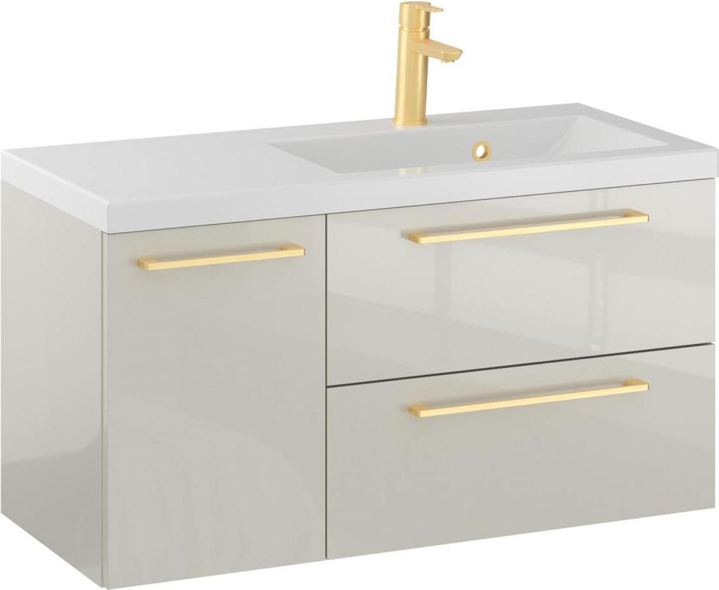 FURNI Waschtischunterschrank RON 90 D P cm - Kaschmir - Hängender Badschrank mit Mineralguss - Waschbecken - Griffe Gold gebürstet - Vormontiert