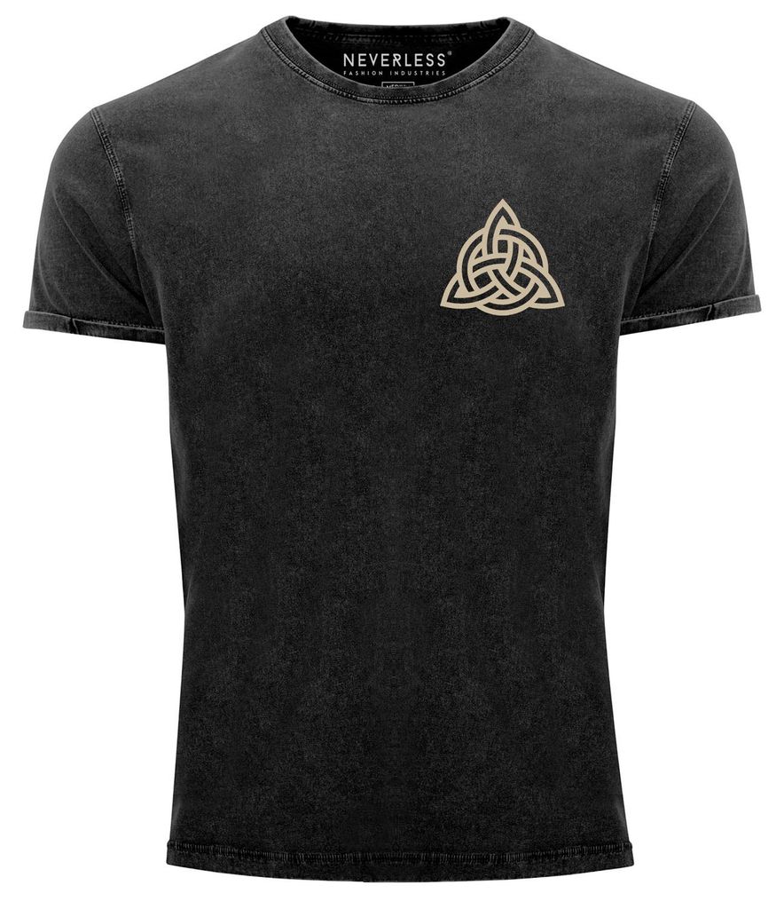 Herren Vintage-Shirt Aufdruck Logo Wikinger nordische Mythologie Valknut Wotansknoten Valhalla Neverless schwarz XL