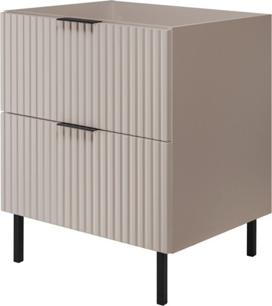 A beige two-drawer nightstand with black legs and black drawer pulls.
