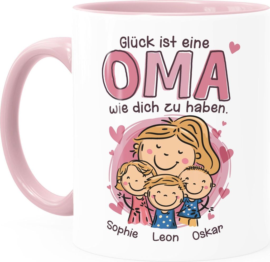 Kaffee-Tasse Glück ist eine Mama Oma wie dich zu haben mit Namen und Figuren personalisiert Geschenk von Kindern SpecialMe Oma weiss-innen-rosa ...