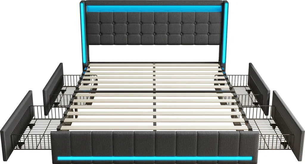 Lit double 160x200 cm gris avec LED et 4 tiroirs en métal collection Nora