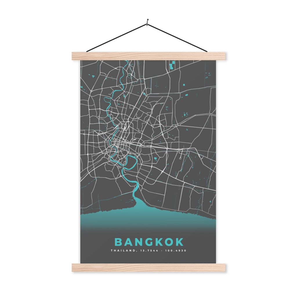 MuchoWow Textilposter Bangkok - Blau - Karte - Stadtplan 120x180 cm mit holzfarbenen Rahmen - Textil-Plakat