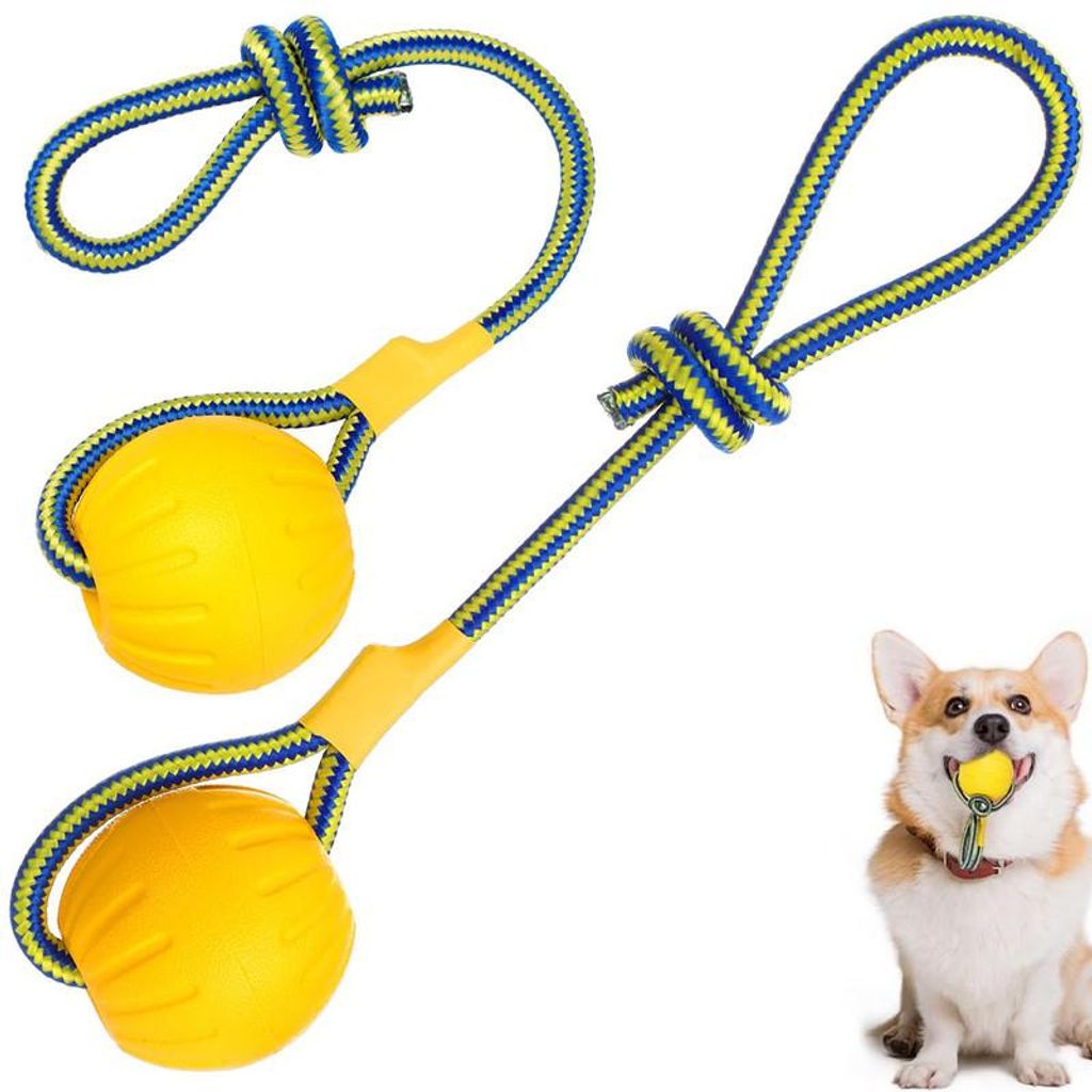 Hundespielzeug Hundeball mit Seil 2er Set 9 cm EVA Gelb 58 cm Seil Apportierspielzeug Training Outdoor Garten für Hunde