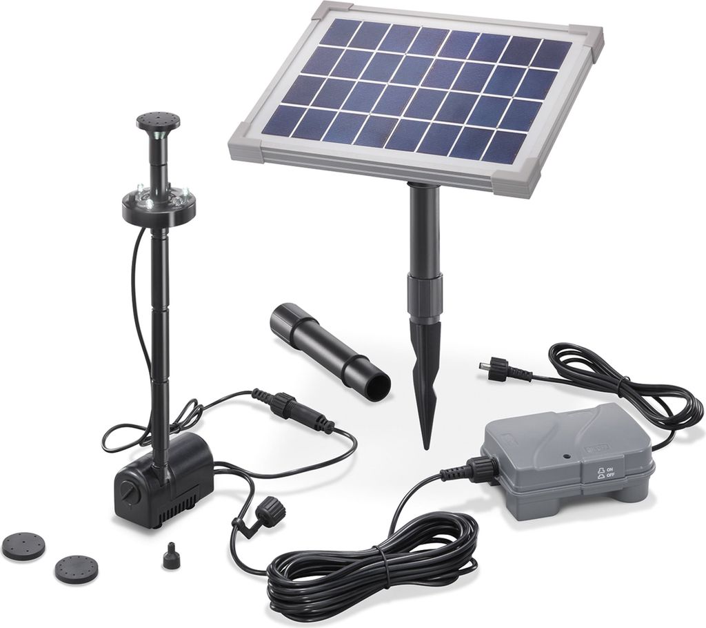 A solar-powered pond pump kit with a battery and LED light, displayed on a white background.
