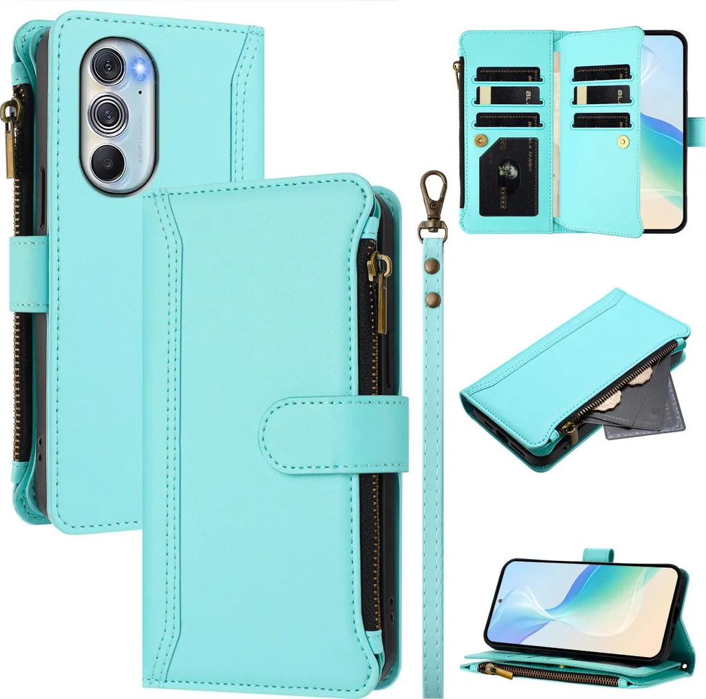 Motorola Edge 30 Pro Cover Verde Menta Portafoglio con Zip e Laccetto