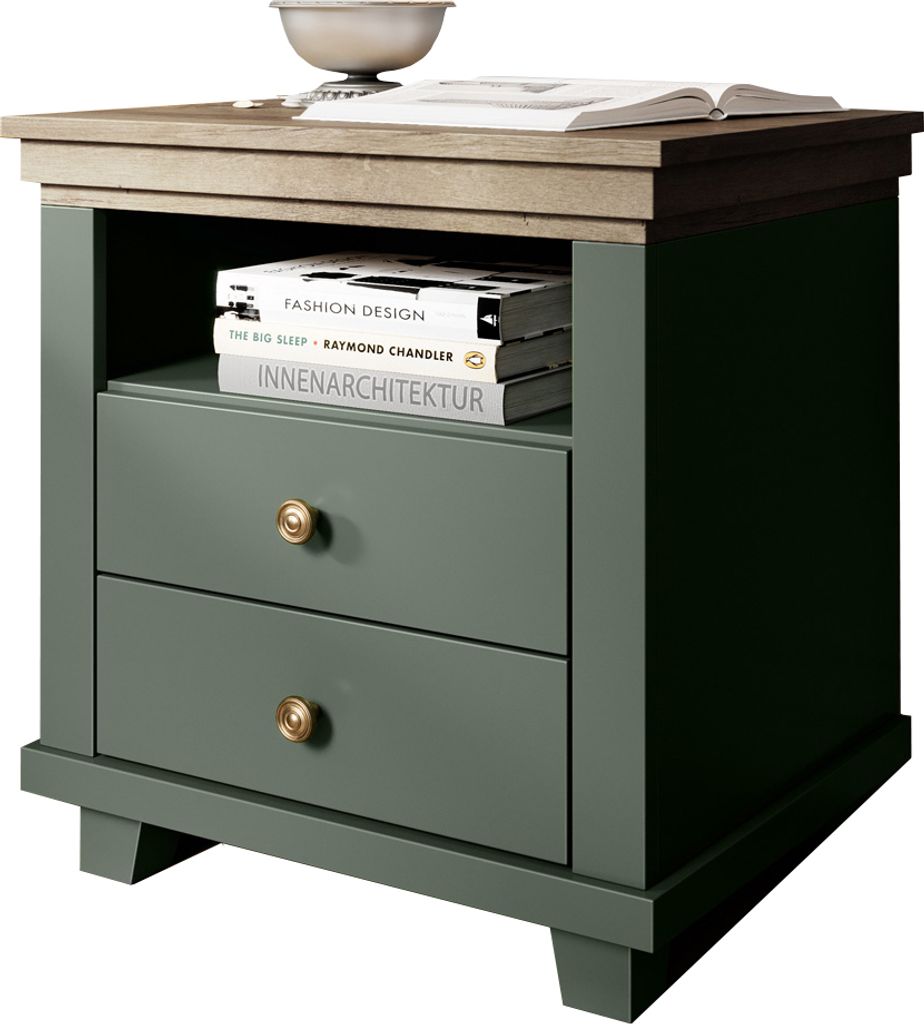 Nachttisch Landhausstil EPSOM-83 mit 2 Schubkästen, in grün mit Lefkas Eiche Nb., B/H/T: ca. 52/54/42 cm