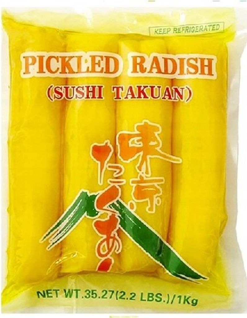 A bag of pickled radishes for sushi.