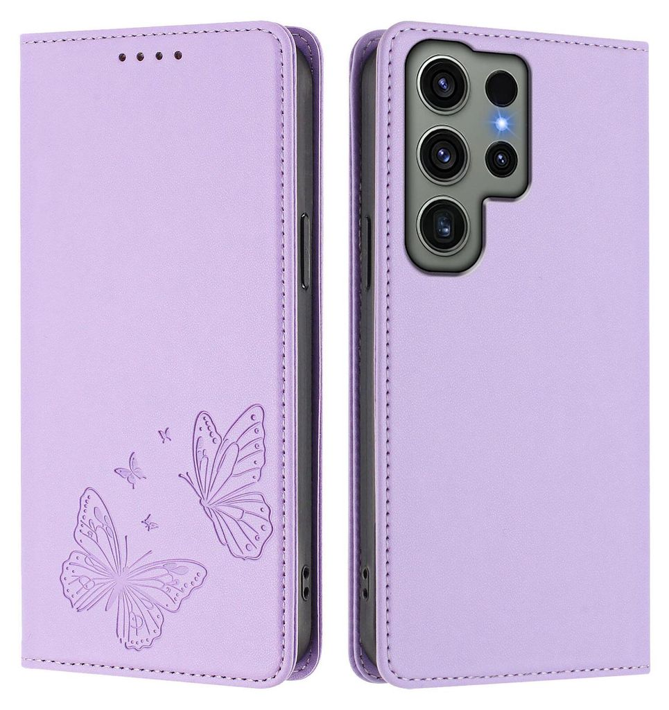 Lederhülle für Samsung Galaxy S23 Ultra, Schmetterling Prägung Leder Brieftasche Schutzhülle mit Ständer Violett