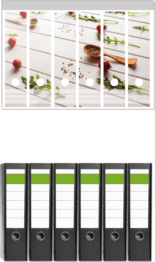 Wallario 6 Stück breite Ordner inkl. Klebeetiketten mit Motive Küche Ruccola, Tomaten und Gewürze - Set mit Rückenschildern / Ordnerrücken S...