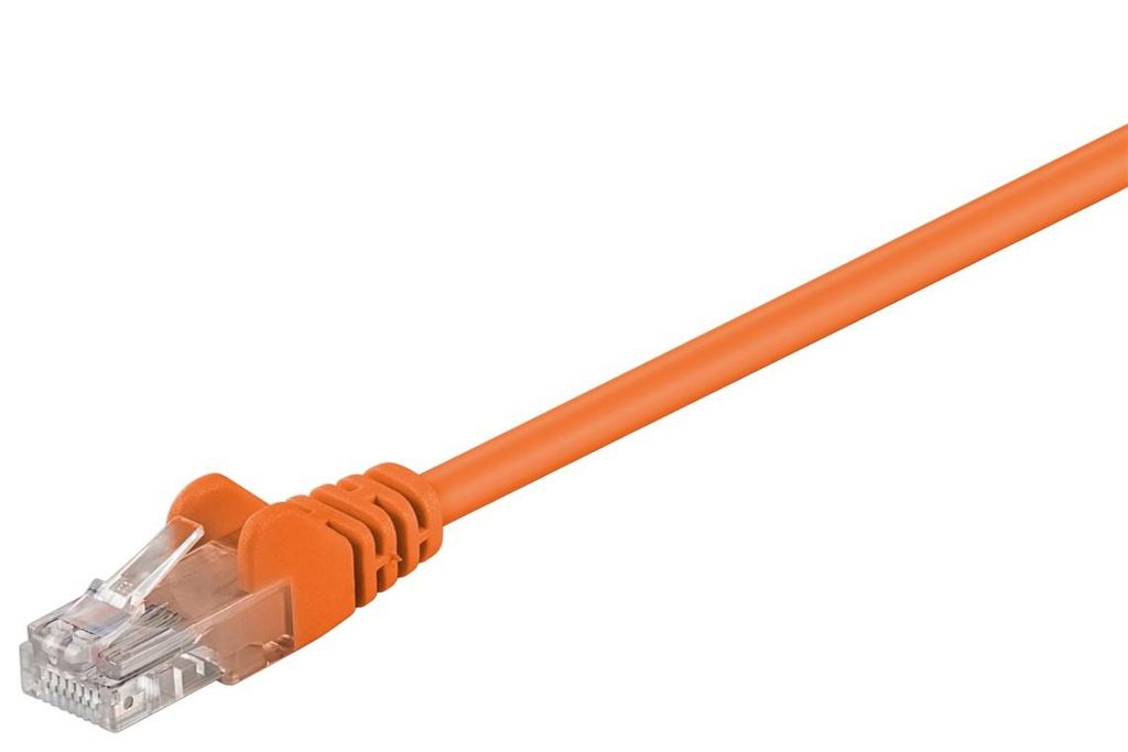 A close-up, angled view of an orange network cable with an RJ45 connector.