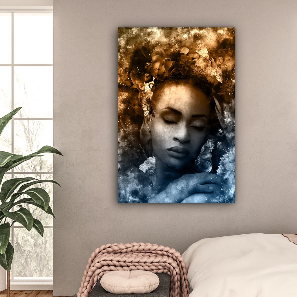 OneMillionCanvasses - Leinwandbilder - 90x140 cm, Frau - Sepia - Blumen, Wandbilder Kunstdruck Wanddekoration - Wandschmucke - Schlafzimmer