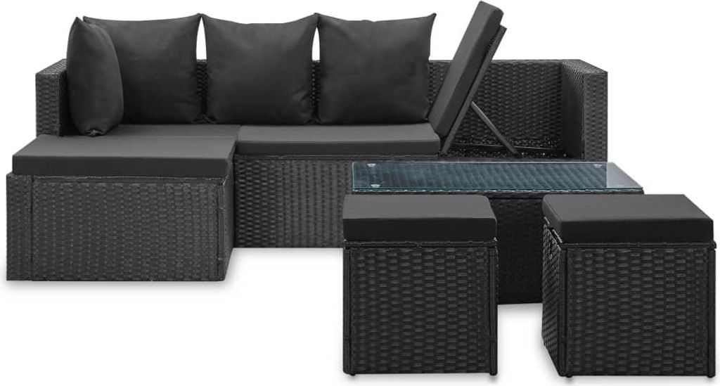 vidaXL 4-tlg. Garten-Lounge-Set Schwarz mit Auflagen Poly Rattan