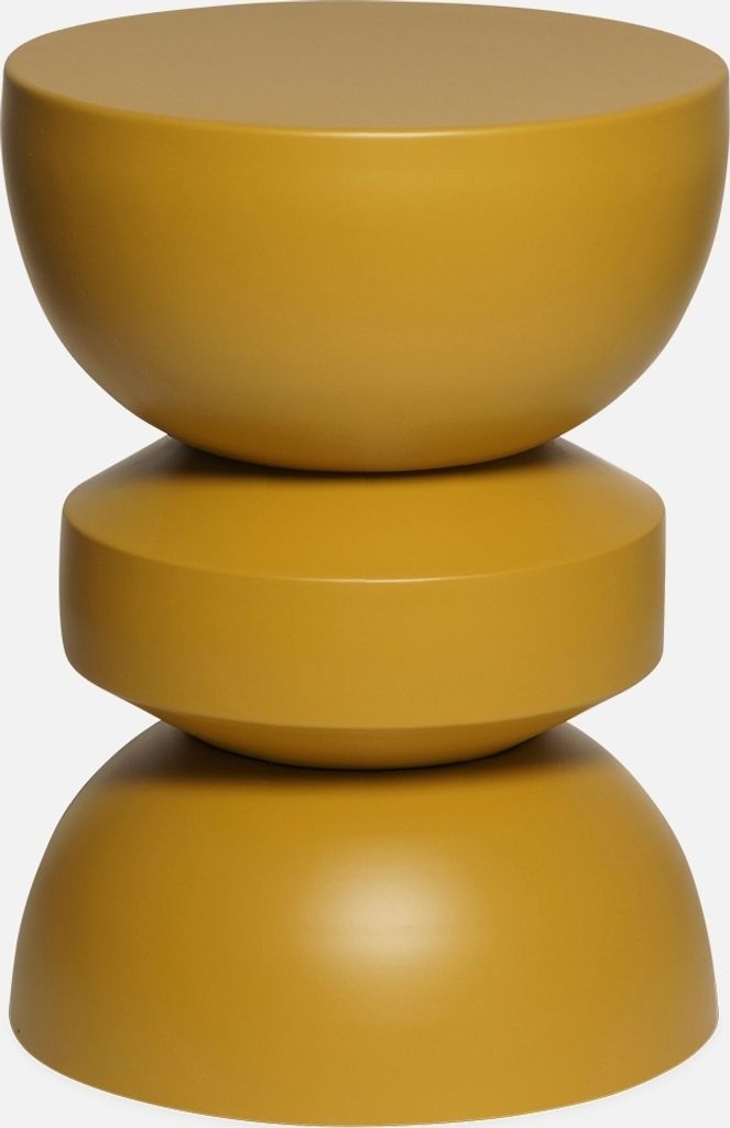 A mustard yellow side table with a stacked, rounded design.