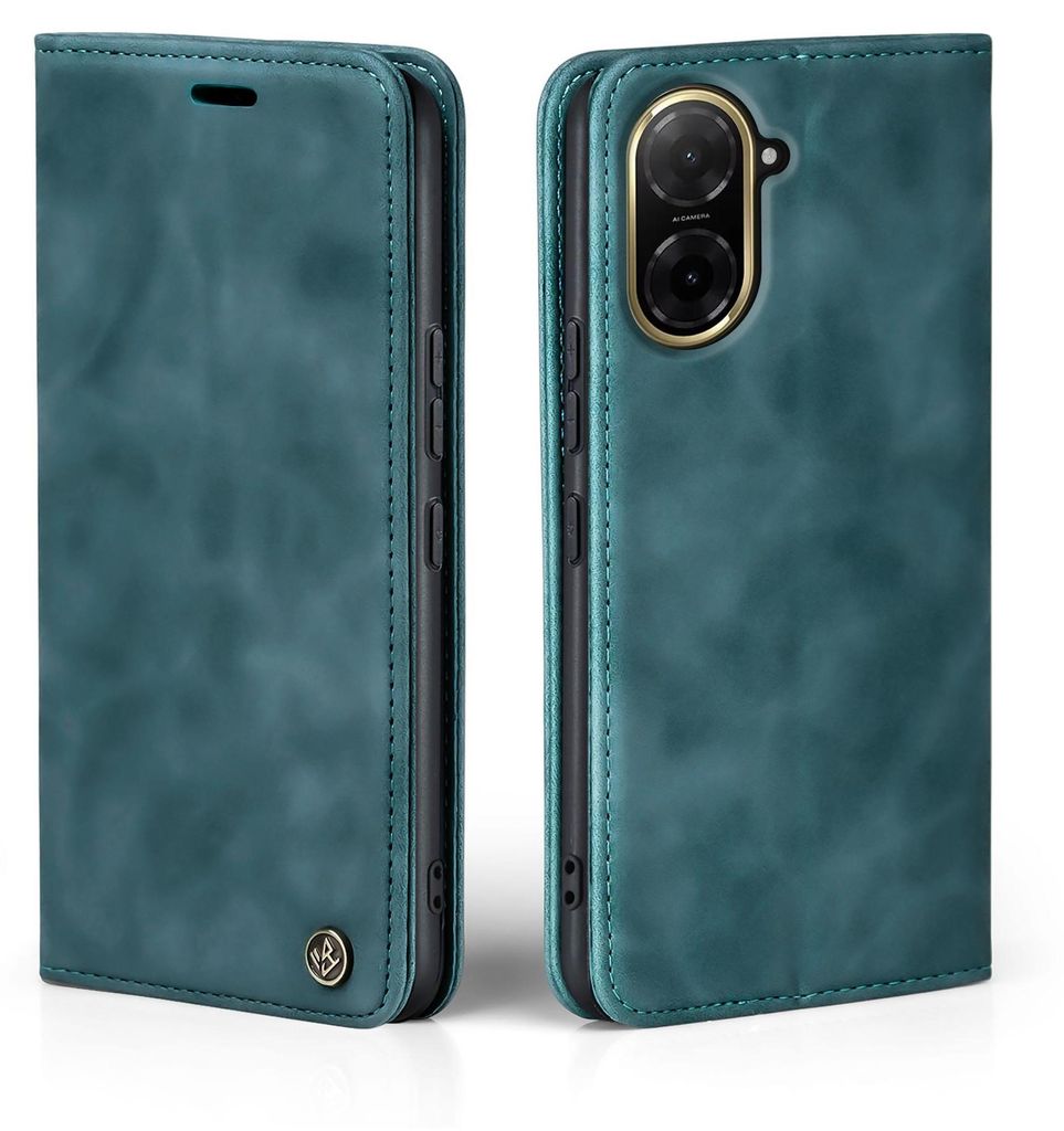 A teal flip case for a smartphone is shown from two angles, open and closed.