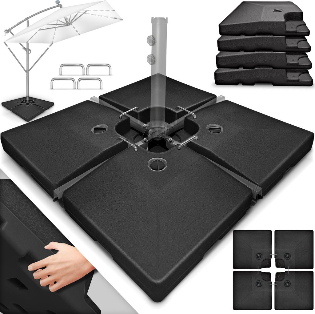 tillvex Sonnenschirmständer Schwarz 90 Liter / 120 kg – 4-teilig für Ampelschirm inkl. Metallverbinder | Schirmgewicht befüllbar mit Wasser ...