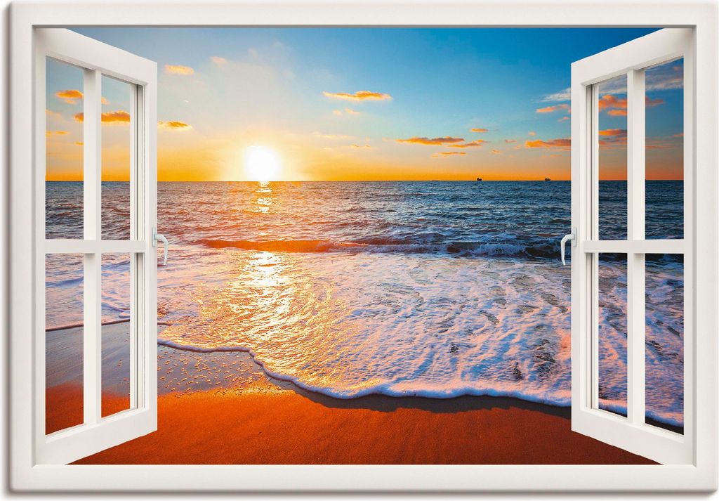 ARTland Leinwandbild Fensterblick Sonnenuntergang Meer Größe: 100x70 cm