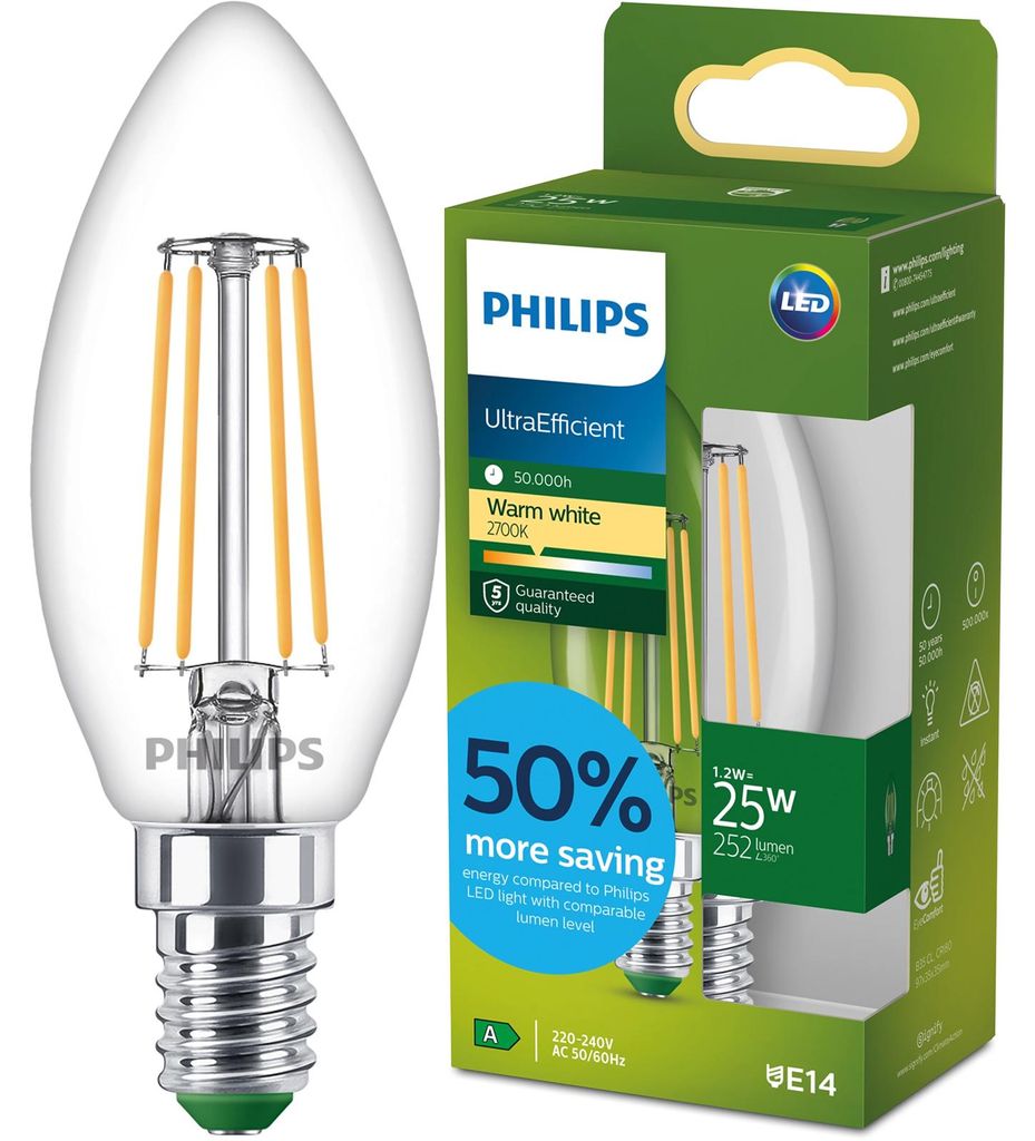 Philips Filament-Kerzenlampe, B35 E14, transparent, 25 W, Produktbild 