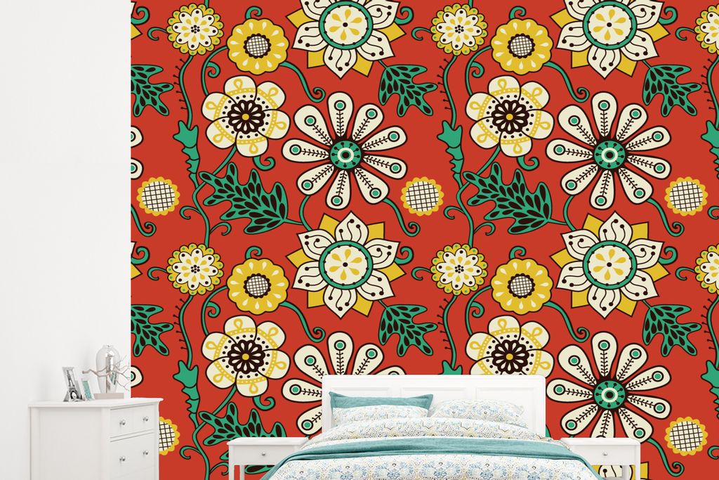 MuchoWow Fototapete für Wohnzimmer oder Schlafzimmer Wandtapete Vinyl Motivtapete Design - Blumen - Hippie - Retro - 245x220 cm - Gemustert