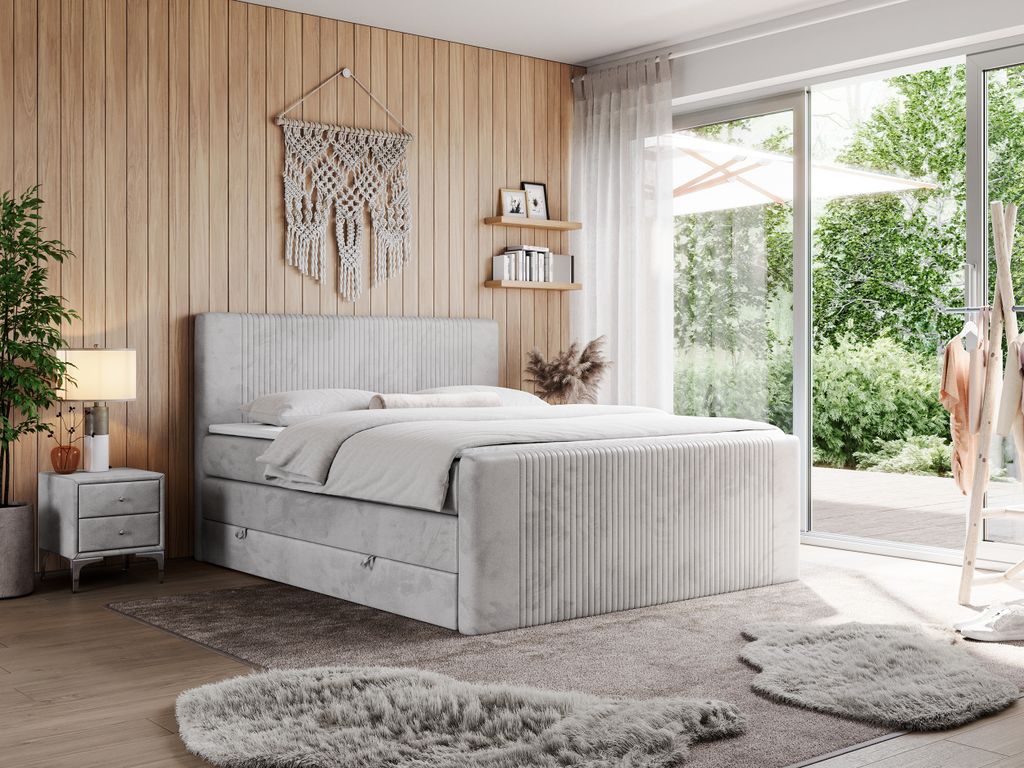 Boxspringbett, doppelbett mit Multipocket-Matratze und zwei Bettkästen - KING DOREN - 140x200cm - Hellgrau - H3