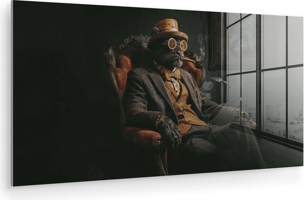 MuchoWow Glasbilder - Bilder auf Wandbild - Foto auf Glas Katze - Anzug - Orange - Zigarre 120x60 cm Wanddekoration aus Glas - Acrylglasbild - Acry...