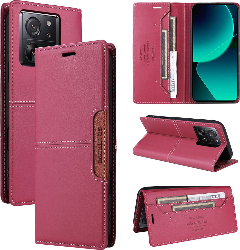 Handyhülle für Xiaomi 13T / 13T Pro Hülle, Leder Flip Wallet Kartenfach Stand Schutzhülle Rot