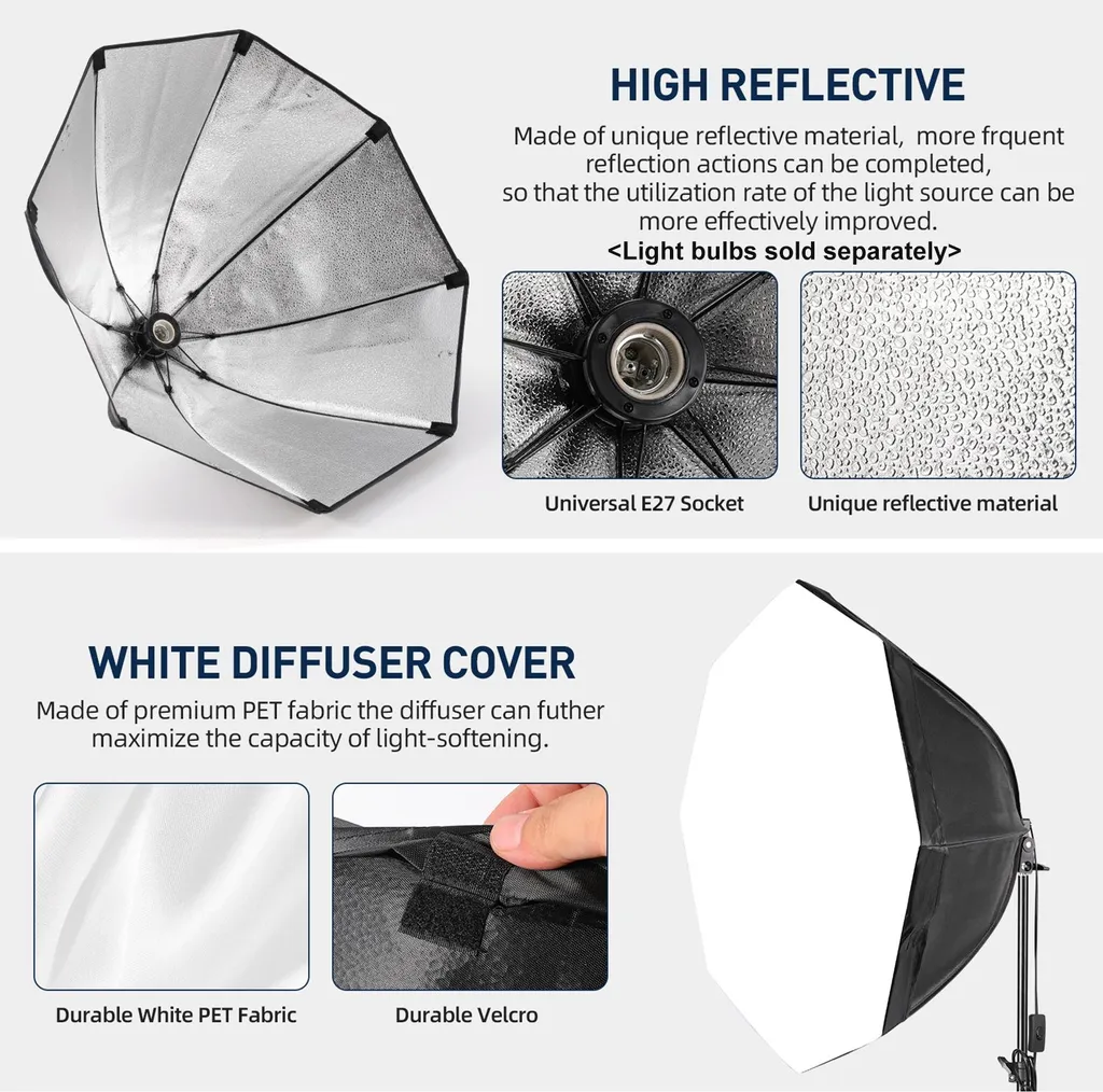 Softbox 70cm Lumineuse Octogonale Andoer et Support Métal Stable