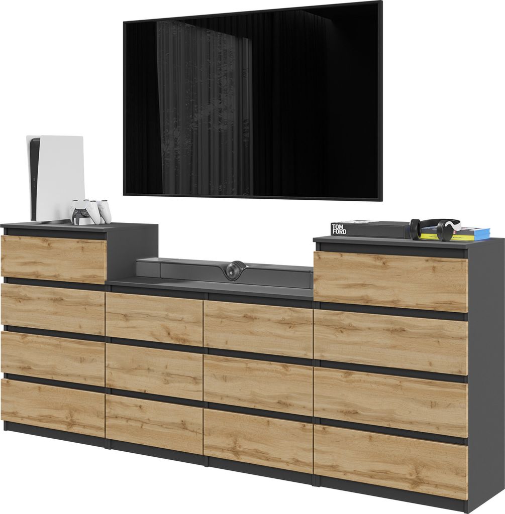FURNICA - GABRIEL - Kommode / Sideboard mit 14 Schubladen (4+6+4) - Anthrazit Grau / Wotan Eiche H92/70cm B220cm T33cm