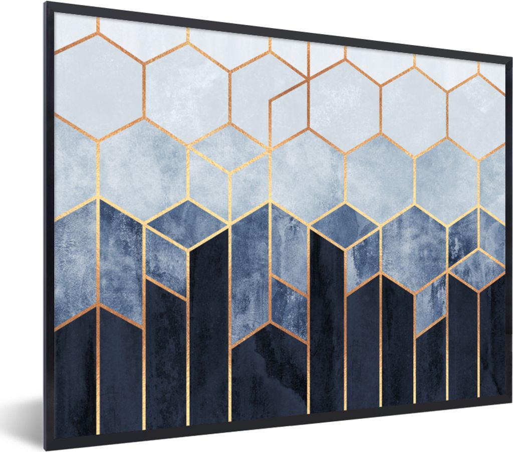 MuchoWow Gerahmtes Poster Sechseck - Gold - Schablonen 80x60 cm - Poster mit Schwarzem Bilderrahmen Wandposter Rahmen Foto Bilder - Schwarzem - M...