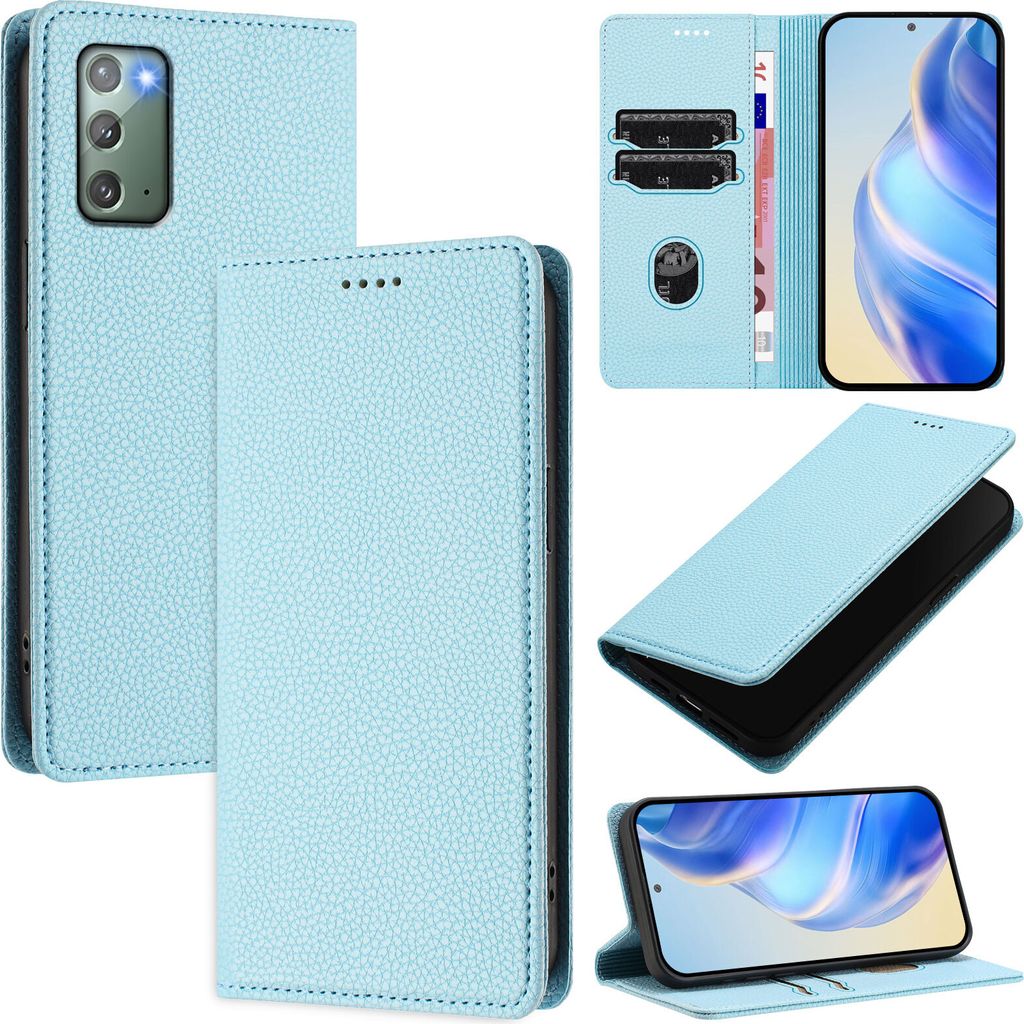 Litchi Leder Handyhülle für Samsung Galaxy Note 20 Wallet Kartenfächer Standfunktion Hülle Hellblau