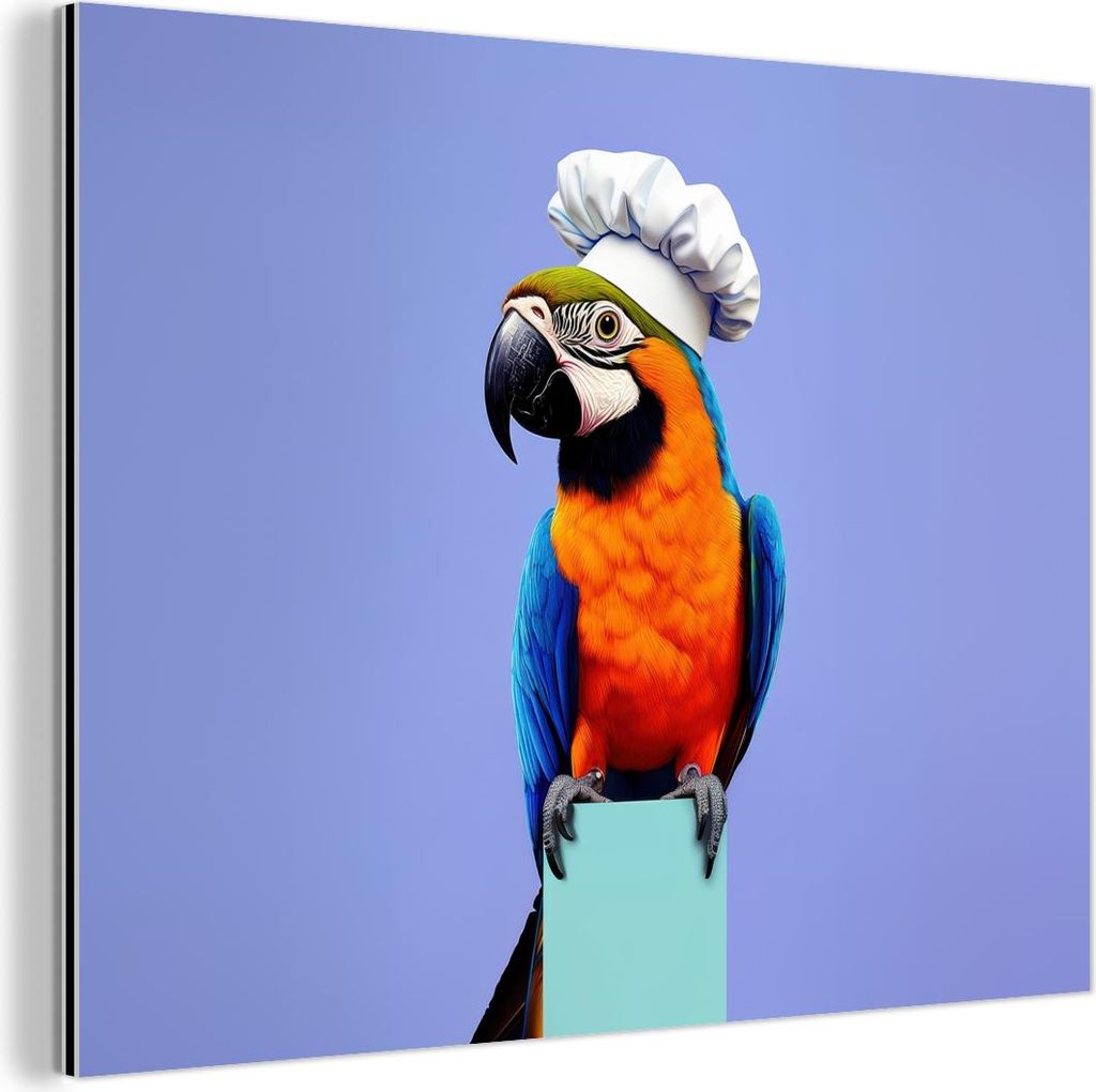 MuchoWow Wanddekoration Metall Metallbild Wandkunst 80x60 cm Papagei - Kochmütze - Vogel - Spaß MuchoWow Aluminium Gemälde - Alubild