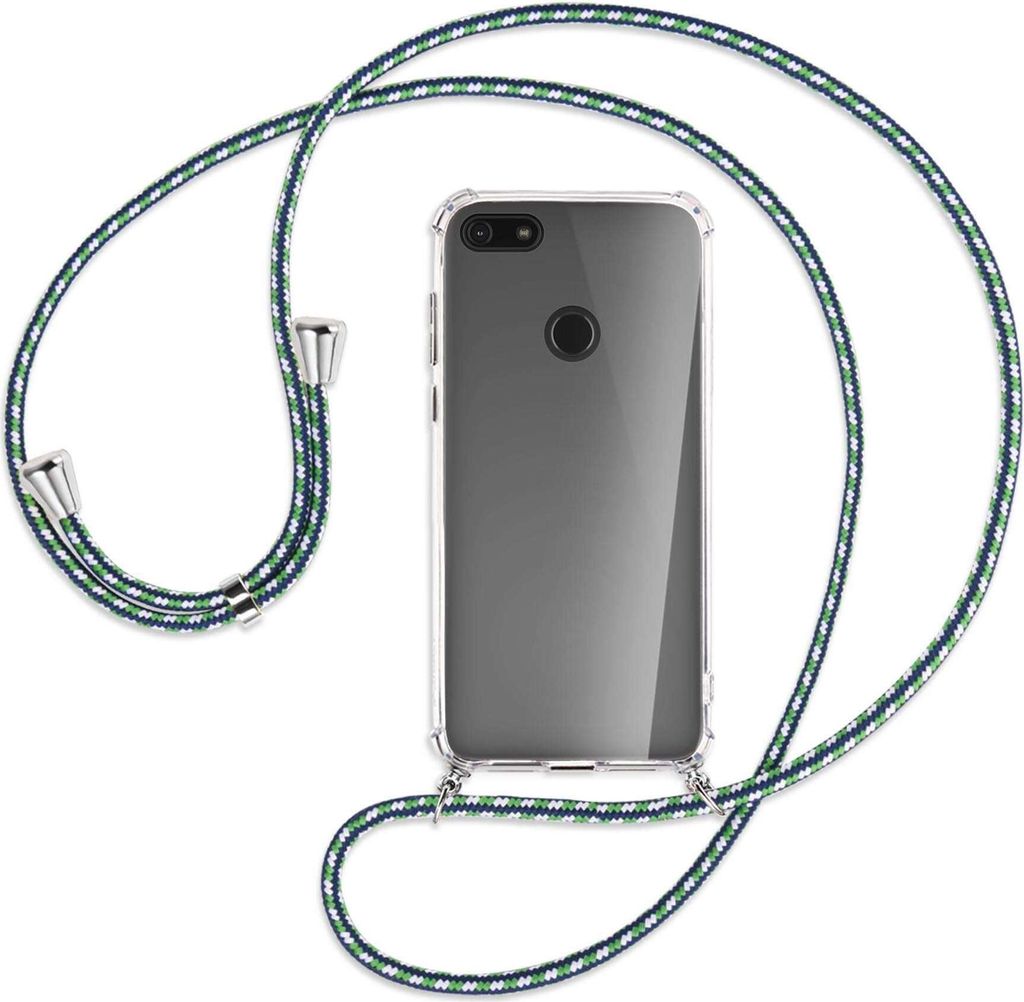 Handykette Backcover-Schutzhülle mit Band (Metall silberfarben) für Motorola Moto E6 Play - grün/blau/weiß