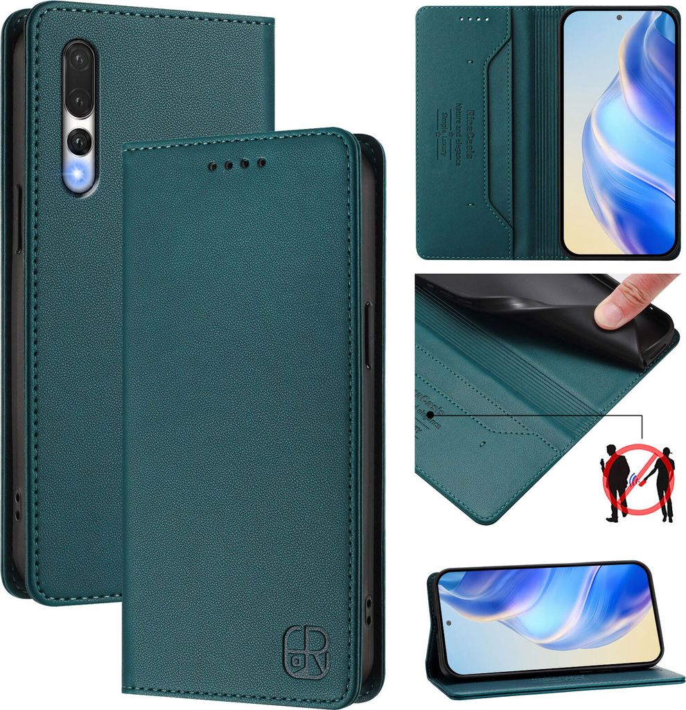 Lederhülle für Huawei P20 Pro Hülle Flip Brieftasche Kartenfächern Ständer Schutzhülle Dunkelgrün