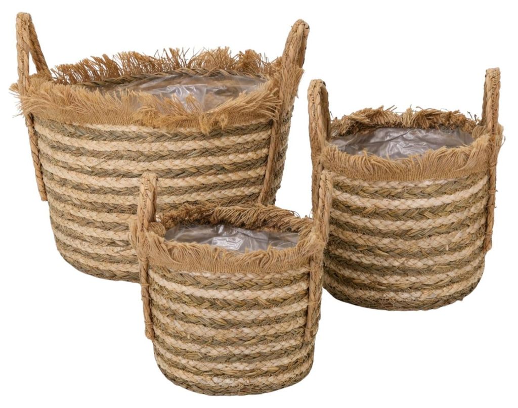 Korb Set Natur mit Fransen 44cm - 3er Pflanzkorb und Aufbewahrungskorb aus geflochtenem Gras mit Griffen und Folie innen, Boho Deko
