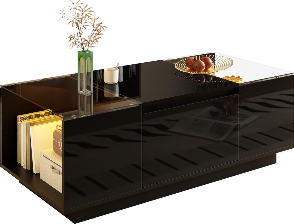 Sweiko 105 cm moderner, minimalistischer Couchtisch mit Stauraum, LED-Stimmungsbeleuchtung, Glasplatte und 2 Schubladen