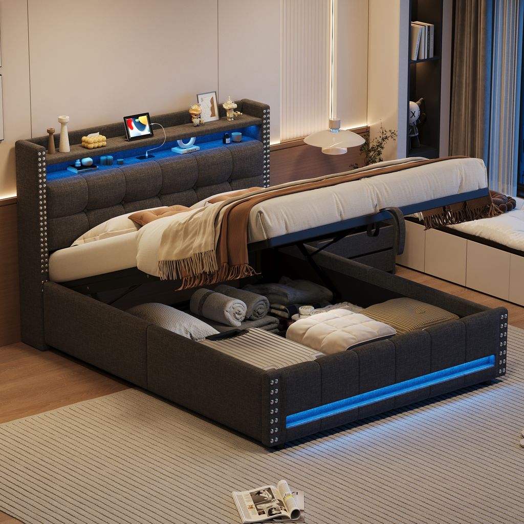 A modern upholstered bed frame with storage, featuring LED lighting and a lifted mattress to reveal the storage compartment.