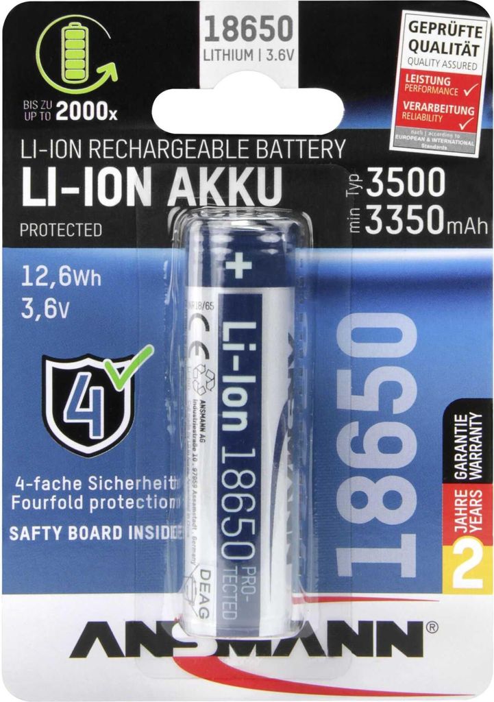 Batteria Ansmann Li-Ion 18650 3500mAh 3,6V 12,6Wh 1307-0001 Immagine del prodotto 