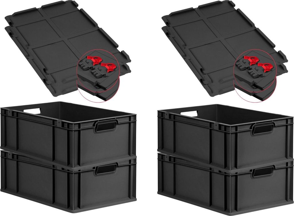 SuperSparSet 4x Eurobox NextGen Grip mit Scharnierdeckel und roten Schiebeschnappverschlüssen | HxBxT 22x40x60cm | 44 Liter | Schwarz | Griffe off...